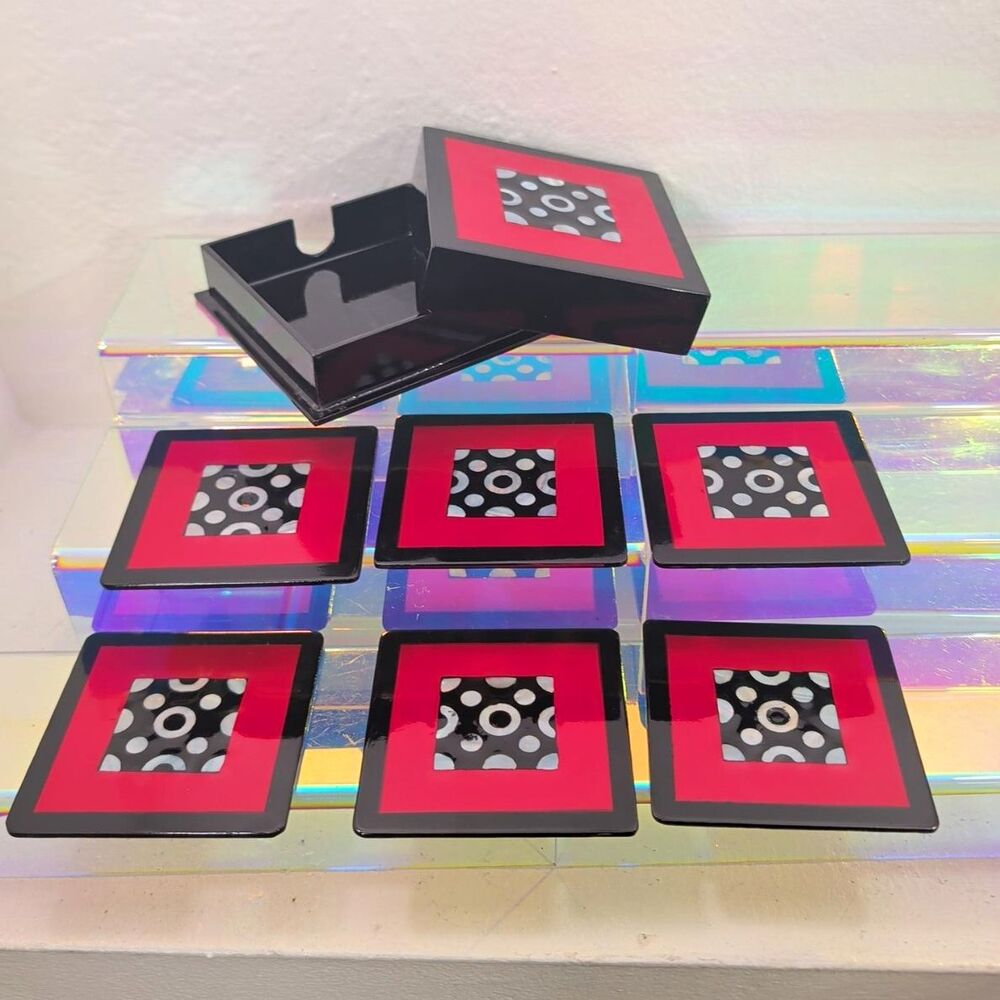 vintage article mother of pearl and lay coaster set of six with holder black red